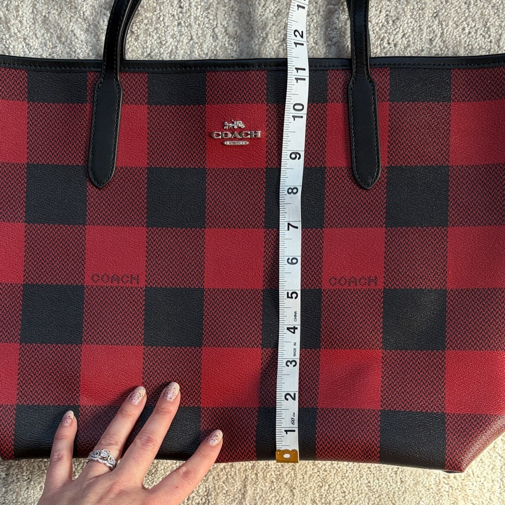 Coach Red and Black Buffalo Plaid Tote with Black Leather Trim - Picture 5 of 9